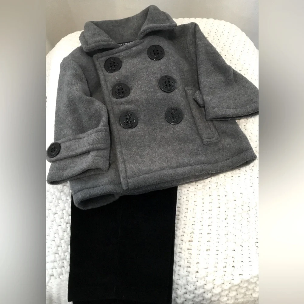 Great Guy Toddler Peacoat & Pants, Gray Coat/Black Pants 100% Cotton; Size 12M